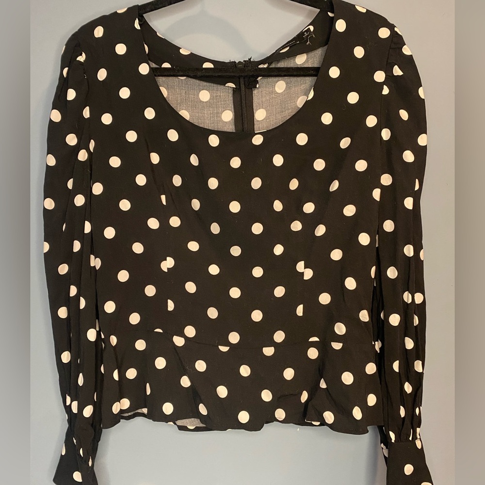 New York & Company Black and White Polka Dot Blouse with Peplum Detailing